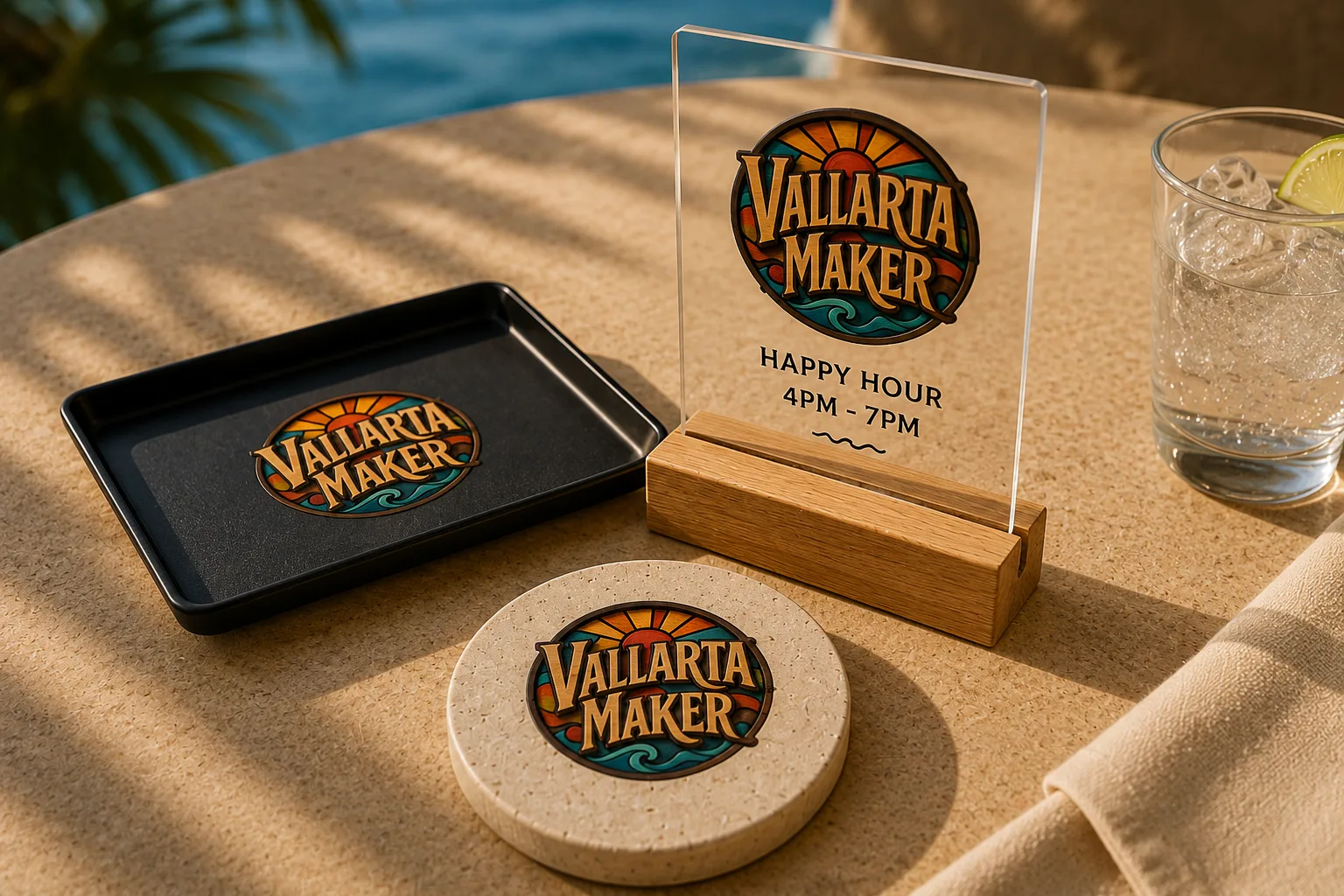 Vallarta Maker branded restaurant pieces on a sunlit table